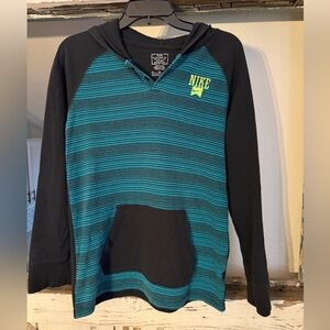 Nike Youth XL Hooded Long Sleeve Shirt Blue Black Striped Kangaroo Pocket